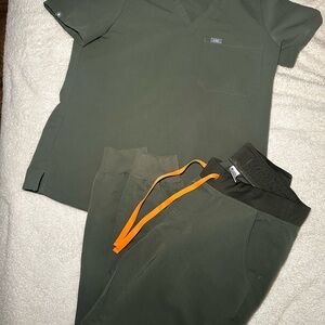 Figs Olive Green Scrub Set with Orange Accents